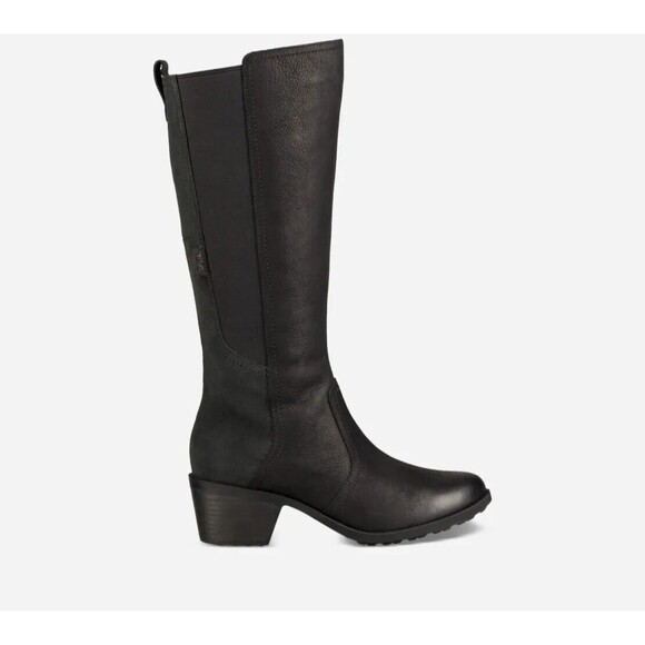 Teva Tall Boots Womens 9.5M Anaya Waterproof Tall Black Leather Heeled Shoes NWB - Picture 2 of 12